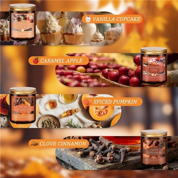 Fall Candle Set 4 Pack Scented Soy Wax Autumn Home Decor Pumpkin Cinnamon Vanill - Picture 3 of 7
